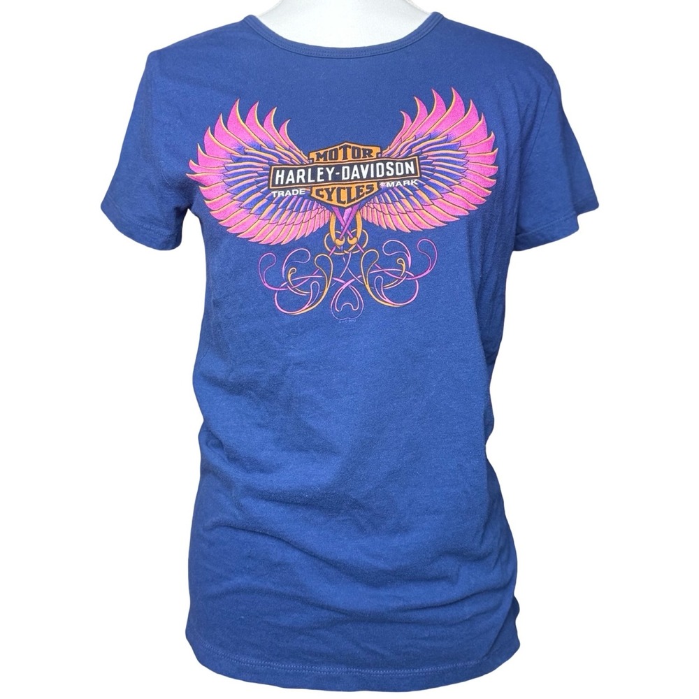 Harley Davidson Womens‎ Large Graphic T Shirt Wing Logo Savannah GA Blue
